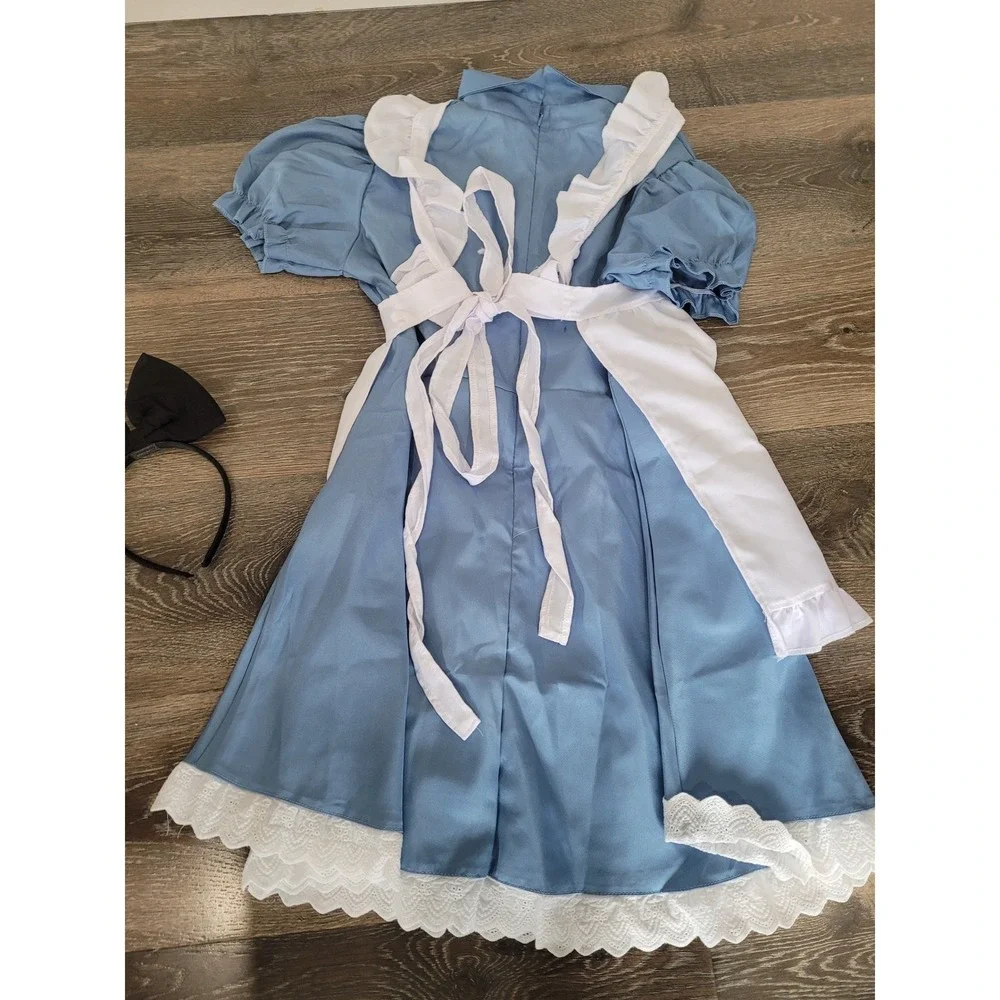 Kids Alice in Wonderland Costume 12 Blue Dress White Apron Black Bow Headband #S